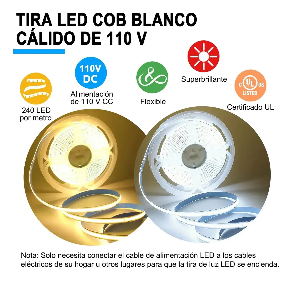 Tira Led Cob 10m Luz Cálida 3000k 240 Led/m 110v 8mm