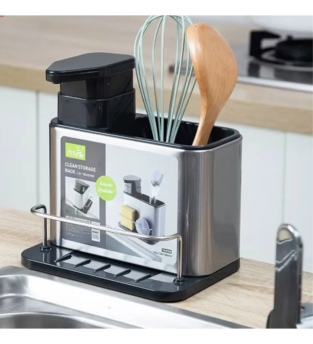 Organizador Bacha Acero Inox Dispenser Jabón Porta Esponja