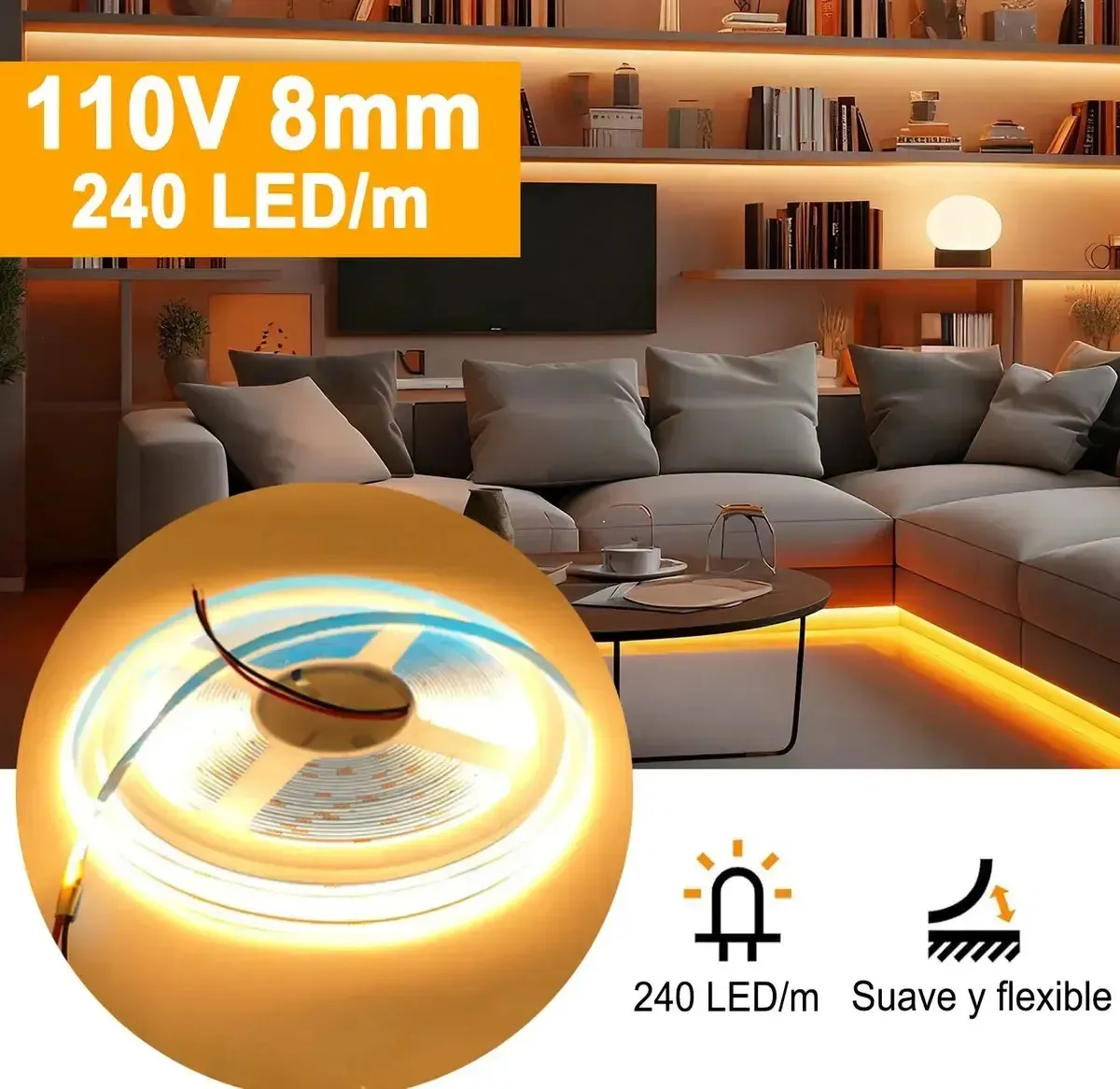 Tira Led Cob 10m Luz Cálida 3000k 240 Led/m 110v 8mm