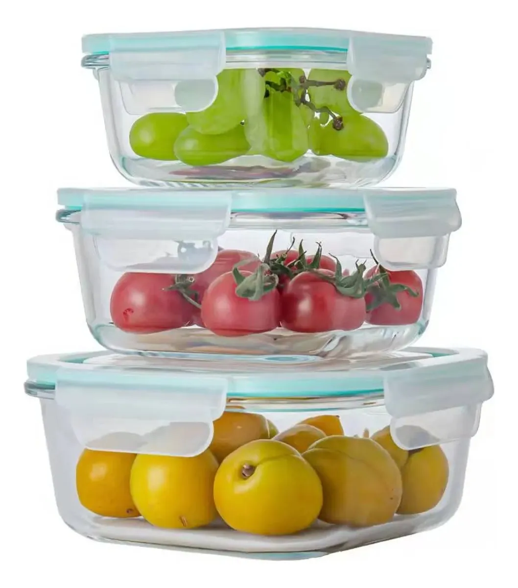 Set x3 Tupper Vidrio Borosilicato Hermetico Cuadrado Agua