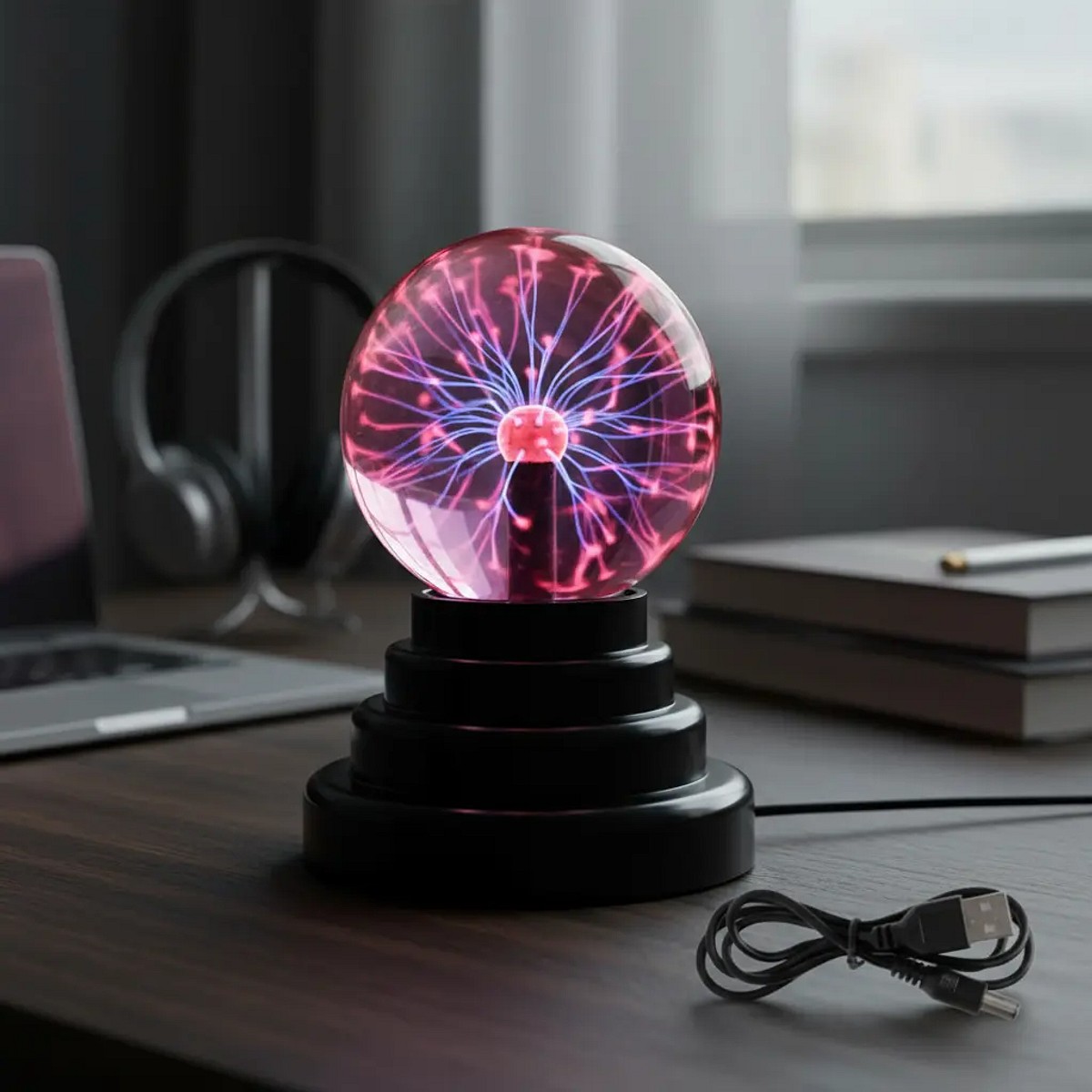 Lampara Bola Plasma Electroland Rayos LED USB o Pila Negra
