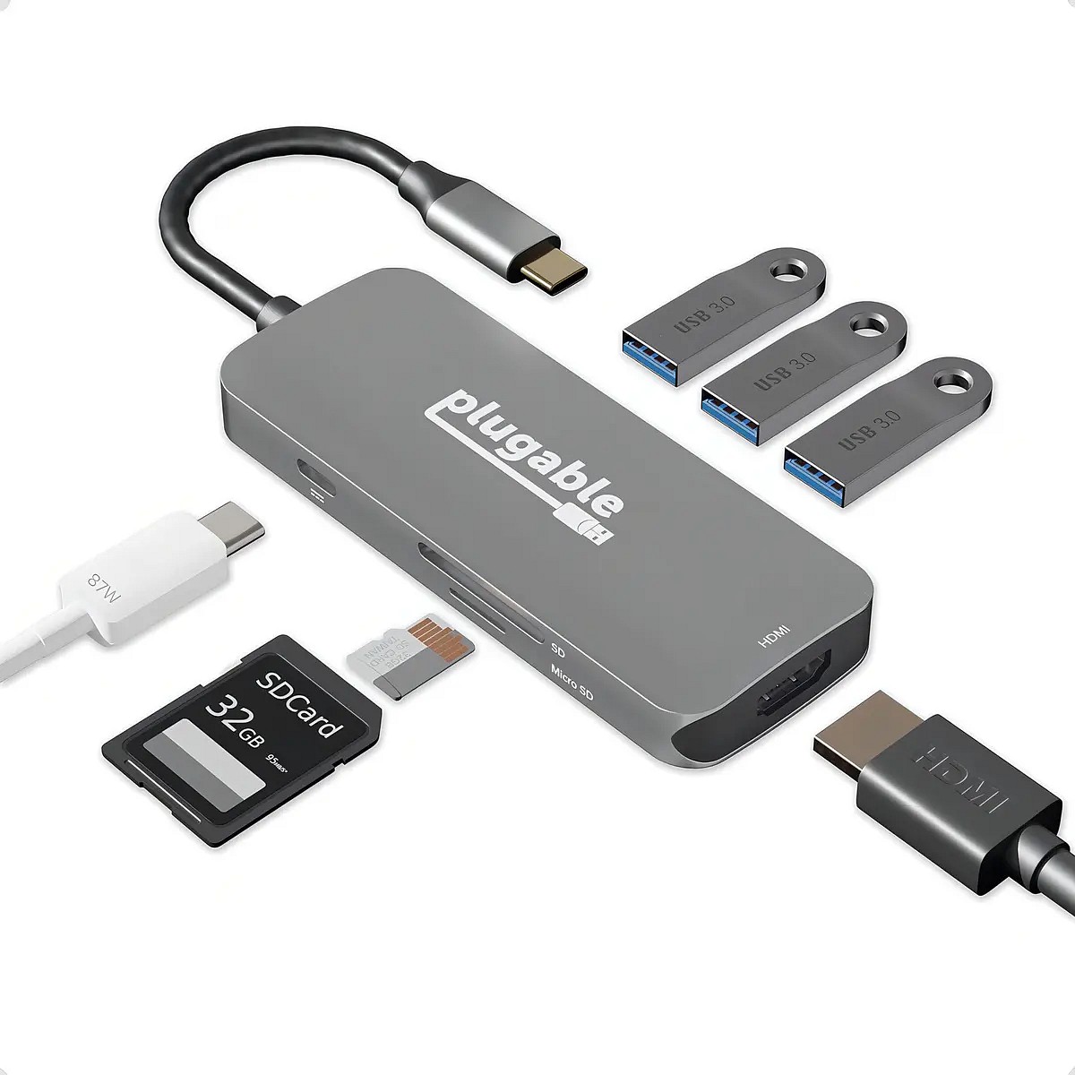 Hub Plugable USB-C 3.0 7 en 1 HDMI SD USB Gris