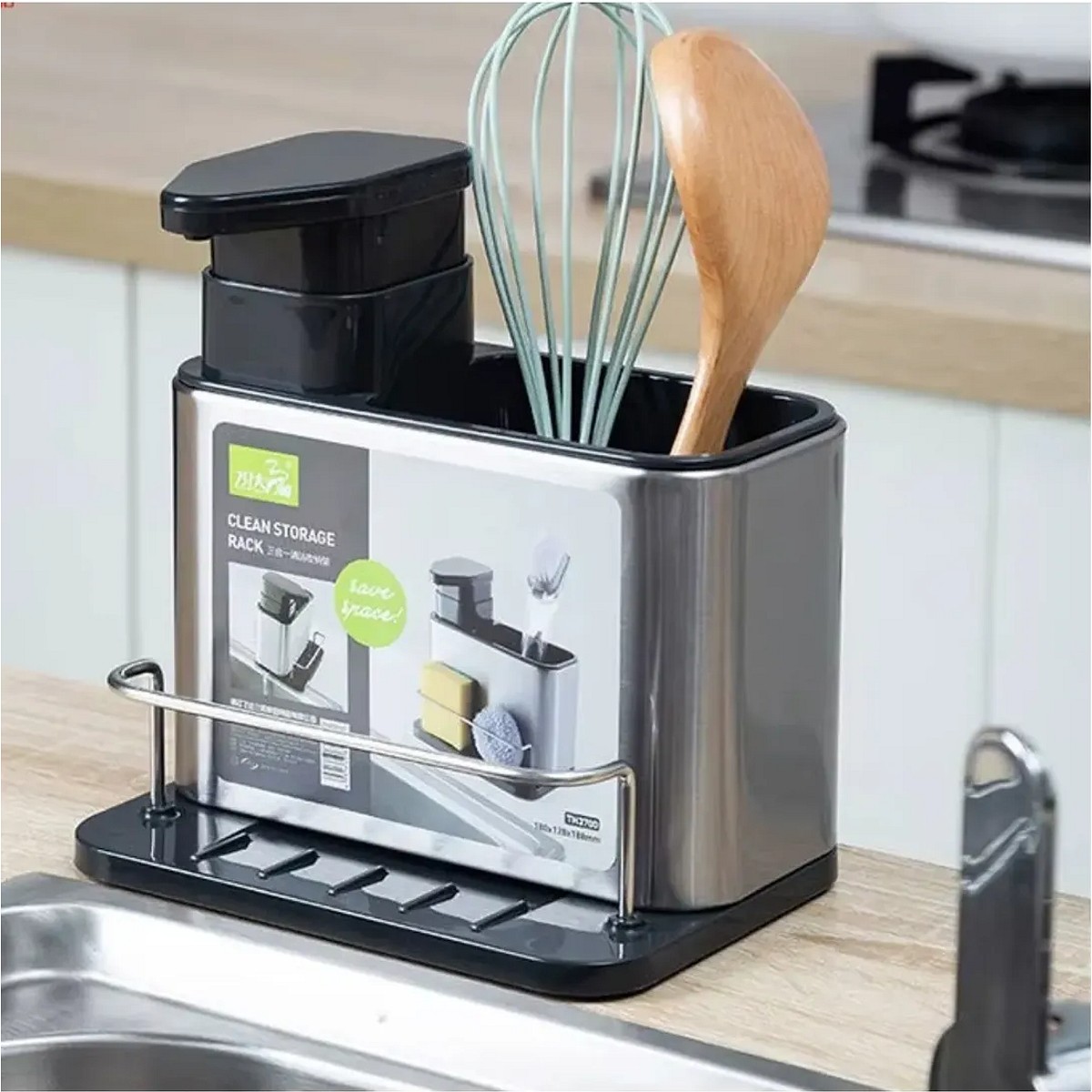 Organizador Bacha Acero Inox Dispenser Jabón Porta Esponja