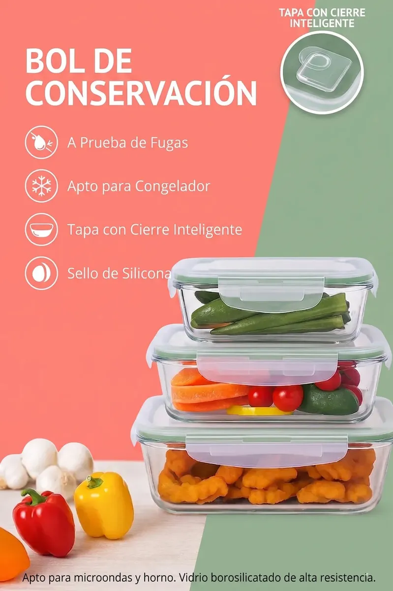Set X3 Tupper Vidrio Hermético Eshopero 1.04L Con Válvula
